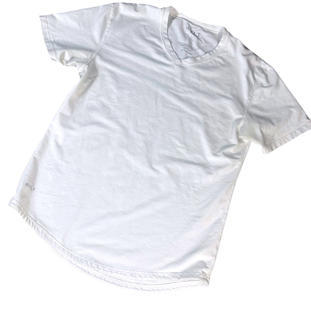 BYLT Drop Cut V-Neck Mens Large White Lux Short Sleeve Curved Hem Tee Shirt